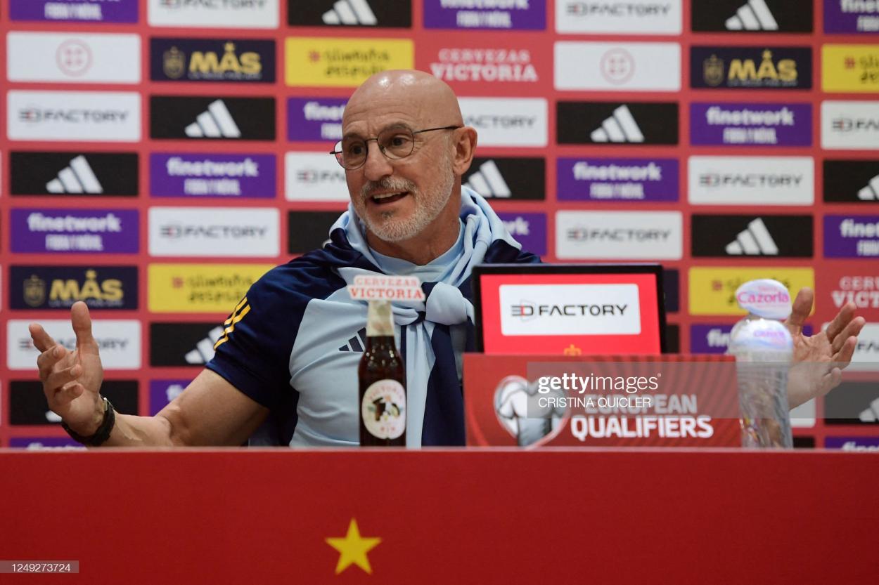 Luis de la Fuente speaks at a pre-match Press Conference the day before Norway take on Spain in Málaga (Photo by CRISTINA QUICLER/AFP via Getty Images)