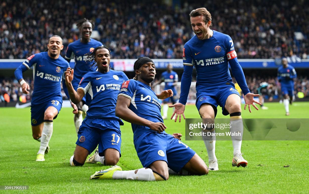 Noni Madueke celebrates sealing Chelsea's victory and place in the FA Cup semi-finals. Photo Credit: Darren Walsh via Getty Images 
