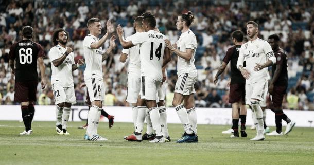 Los jugadores del Madrid celebrando un gol ante el Milán en el Trofeo Santiago Bernabéu / realmadrid.com
