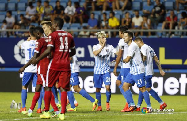 El Málaga celebra un gol durante esta temporada. Fotografía: laligaworld