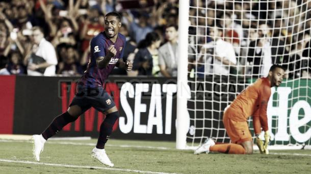 Malcom celebra el penalti que otorgaba la victoria al FC Barcelona / Fuente: FC Barcelona