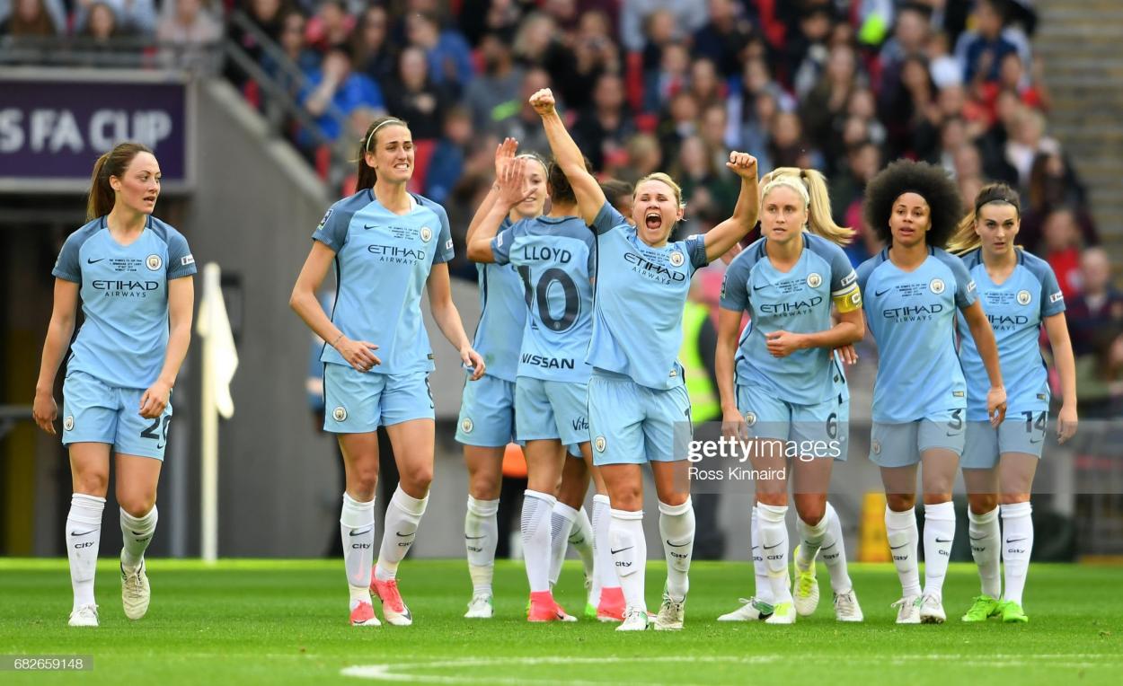 Isobel Christiansen of <b><a  data-cke-saved-href='https://www.vavel.com/en/data/manchester-city' href='https://www.vavel.com/en/data/manchester-city'>Manchester City</a></b> celebrates scoring her sides second goal during the SSE Women's FA Cup Final between <strong><a  data-cke-saved-href='https://www.vavel.com/en/football/2023/04/27/womens-football/1145122-carla-ward-would-love-to-keep-loanee-kirsty-hanson-long-term.html' href='https://www.vavel.com/en/football/2023/04/27/womens-football/1145122-carla-ward-would-love-to-keep-loanee-kirsty-hanson-long-term.html'>Birmingham City</a></strong> Ladies and <b><a  data-cke-saved-href='https://www.vavel.com/en/data/manchester-city' href='https://www.vavel.com/en/data/manchester-city'>Manchester City</a></b> Women at Wembley Stadium on May 13, 2017 in London, England.