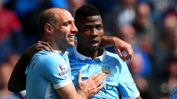 One, two: Zabaleta celebrates alongside Kelechi, for City's third of the match. | Photo: Sky Sports