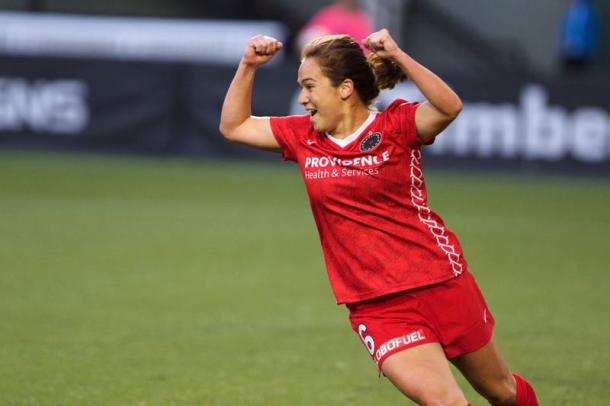 Mana Shim celebrating a goal. Photo | Portland Thorns FC: Timbers.com/Thorns