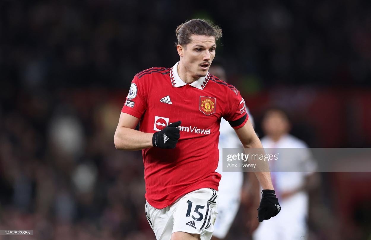 Marcel Sabitzer during his first appearance for <strong><a  data-cke-saved-href='https://www.vavel.com/en/football/2023/02/04/womens-football/1136734-manchester-united-vs-everton-womens-super-league-preview-gameweek-13-2023.html' href='https://www.vavel.com/en/football/2023/02/04/womens-football/1136734-manchester-united-vs-everton-womens-super-league-preview-gameweek-13-2023.html'>Manchester United</a></strong> against Crystal Palace. (Photo by Alex Livesey/Getty Images.)