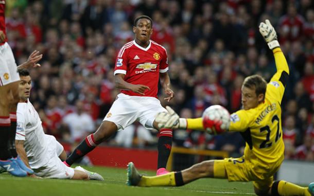 Martial burst onto the scene at United with a goal against Liverpool on his debut |