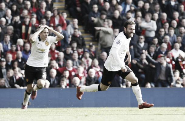 Juan Mata celebrates scoring his second goal at Anfield last season | Photo: Reuters