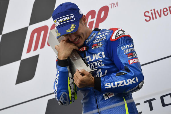 Vinales celebrating his first ever MotoGP win at Silverstone that he won with Team Suzuki Ecstar - www.facebook.com (Team Suzuki Ecstar)