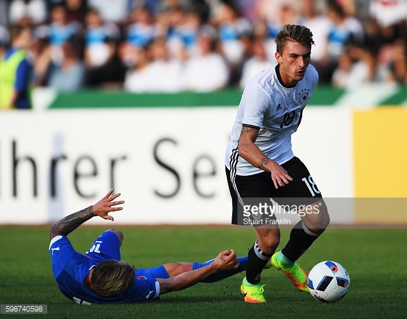 Maximilian Philipp is challenged by Stanislav Lobotka of Slovakia during a friendly match last month. | Photo: Stuart Franklin/Bongarts/Getty Images