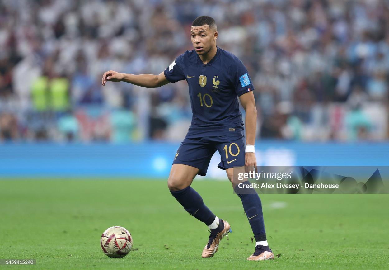 Kylian Mbappe of France during the FIFA World Cup Qatar 2022 Final match between Argentina and France at Lusail Stadium on December 18, 2022 in Lusail City, Qatar. (Photo by Alex Livesey - Danehouse/Getty Images)
