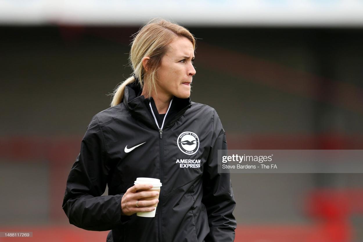 Melissa Phillips, Manager of Brighton & Hove Albion, inspects the pitch prior to the FA Women's Super League match between Brighton & Hove Albion and West Ham United at Broadfield Stadium on May 07, 2023. (Photo by Steve Bardens - The FA/The FA via Getty Images)