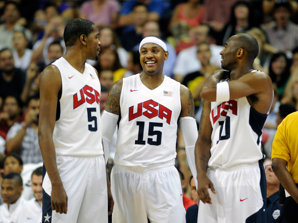 Kevin Durant, Carmelo Anthony, and Kobe Bryant in-game against Dominican Republic/ Getty Images-David Becker 