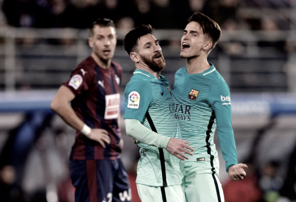Messi y Denis en la victoria en Ipurúa. Foro: FC Barcelona.