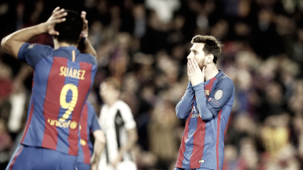 Messi y Suárez lamentándose por una ocasión perdida. Foto: FC Barcelona.