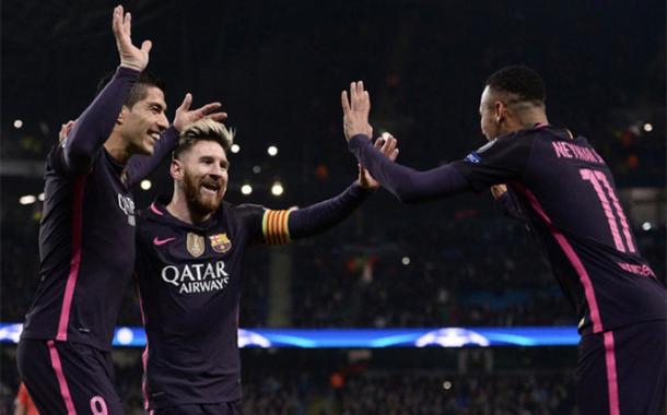 L'esultanza della MSN al gol del momentaneo vantaggio di Messi (Fonte foto: Sport English)