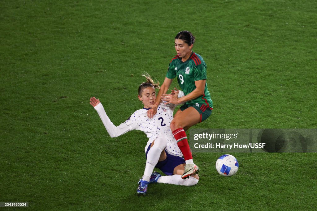  Abby Dahlkemper #2 of the United States and Kiana Palacios #9 of Mexico collide during the first half of a 2024 Concacaf W Gold Cup Group A match at Dignity Health Sports Park on February 26, 2024 in Carson, California. (Photo by Harry How/USSF/Getty Images for USSF)