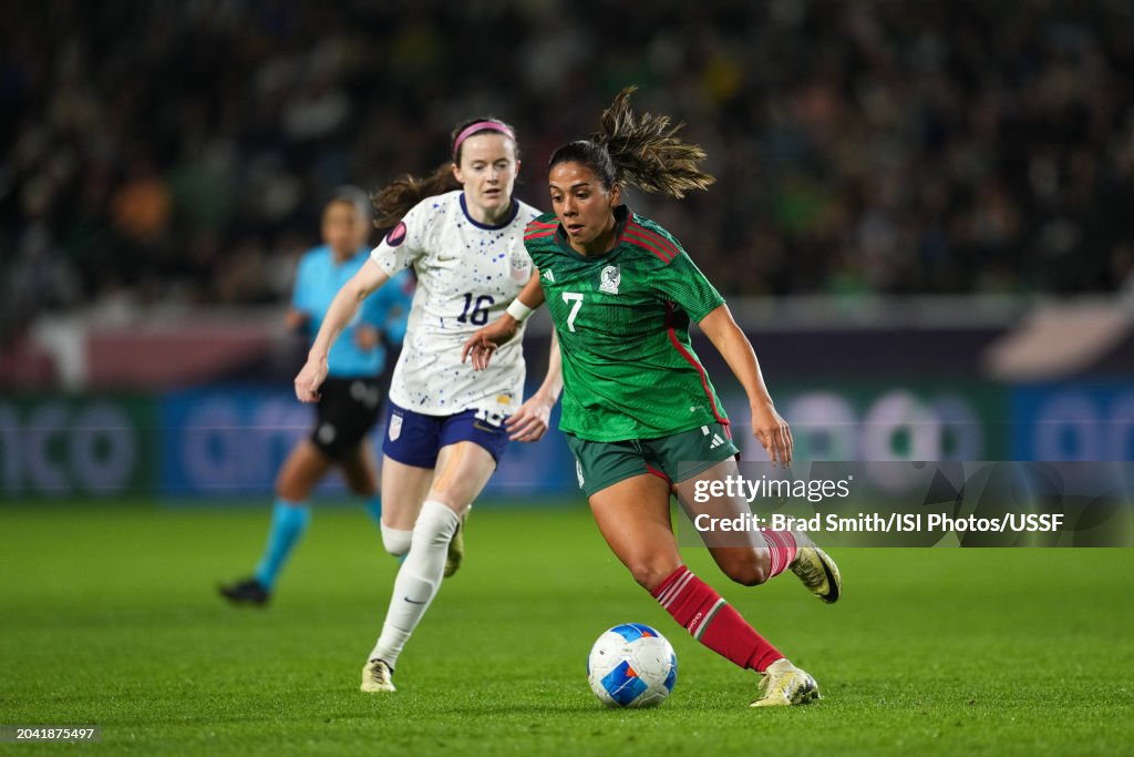 María Sánchez #7 of Mexico is marked by Rose Lavelle #16 of the United States during the first half of a 2024 Concacaf W Gold Cup Group A match at Dignity Health Sports Park on February 26, 2024 in Carson, California. (Photo by Brad Smith/ISI Photos/USSF/Getty Images) United States v Mexico: Group A - 2024 Concacaf W Gold Cup