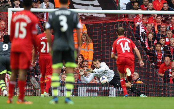 Mignolet saved a penalty on his LFC debut - Stoke, but could the Potteries be a possible destination? (photo: Getty Images)