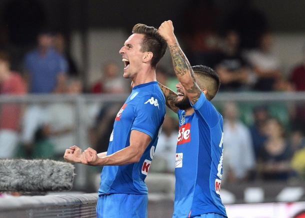 L'esultanza di Milik dopo il gol al Verona - Foto Ssc Napoli
