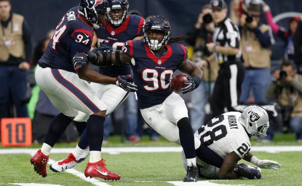 Jadeveon Clowney had an interception as the Texans moved past the Raiders | Source: Bob Levey/Getty Images