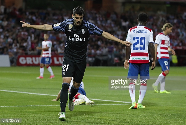 Alvaro Morata celebrates scoring against Granada CF last season. (Source: Angel Martinez/Getty Images)