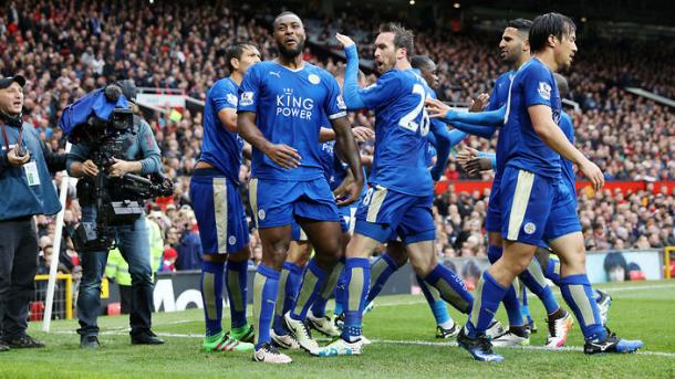 Wes Morgan and his team-mates celebrate his goal at Old Trafford last weekend | Photo: Getty