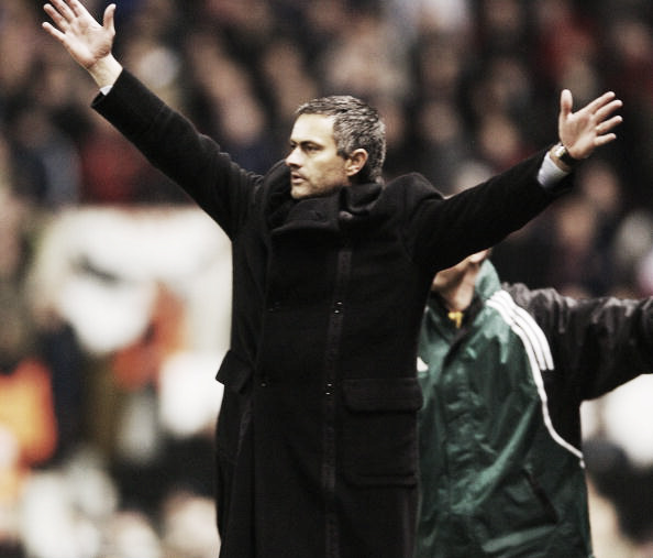 Jose Mourinho in animated mood at Old Trafford as Porto boss in 2004 (Photo: John Peters / Getty Images)