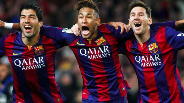 Suárez, Neymar and Messi celebrating a well-worked team goal back last year | Image source: ITV
