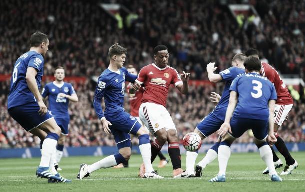 Anthony Martial is crowded out by the Everton defence when the two sides met last month. | Photo: Getty Images