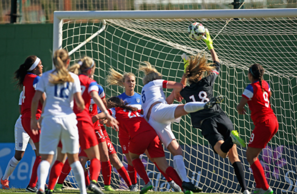 Casey Murphy (18) makes a leaping save in a U-23 friendly match against England. | Photo: Rich Graessle - Icon Sportswire via Getty Images