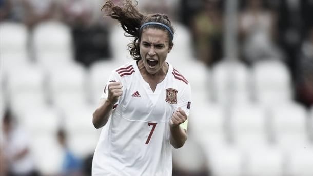 Spain's captain Nahikari García celebrates scoring. Photo: Sportsfile