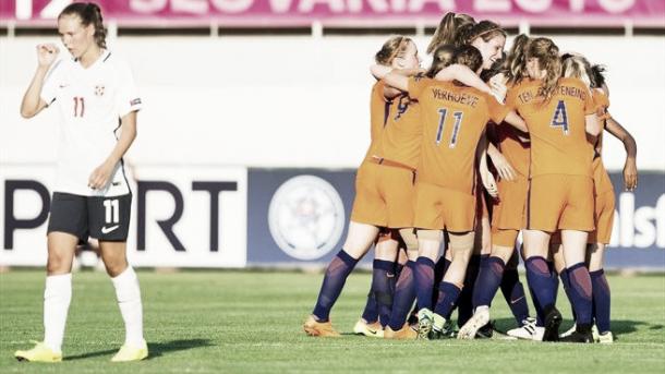 The Netherlands celebrate scoring against Norway. Photo: Sportsfile