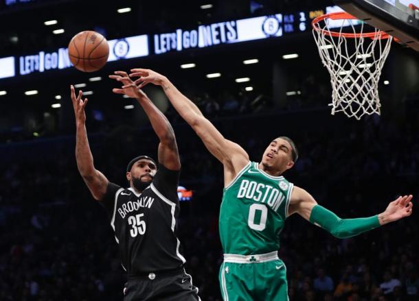 oston Celtics' Jayson Tatum (0) blocks a shot attempt by Brooklyn Nets' Trevor Booker (35). Photo:AP Photo/Frank Franklin II 