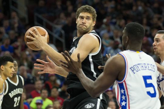 Brooklyn Nets center Brook Lopez (11) holds the ball against  Philadelphia 76ers forward Alex Poythress (5). Photo By: Bill Streicher-USA TODAY Sports 