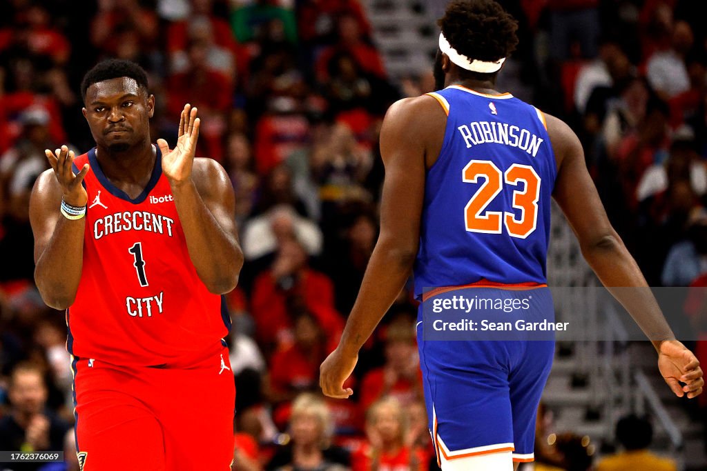 Zion Williamson #1 of the New Orleans Pelicans reacts after scoring during the first quarter of an NBA game against the New York Knicks at Smoothie King Center on October 28, 2023 in New Orleans, Louisiana. (Photo by Sean Gardner/Getty Images)