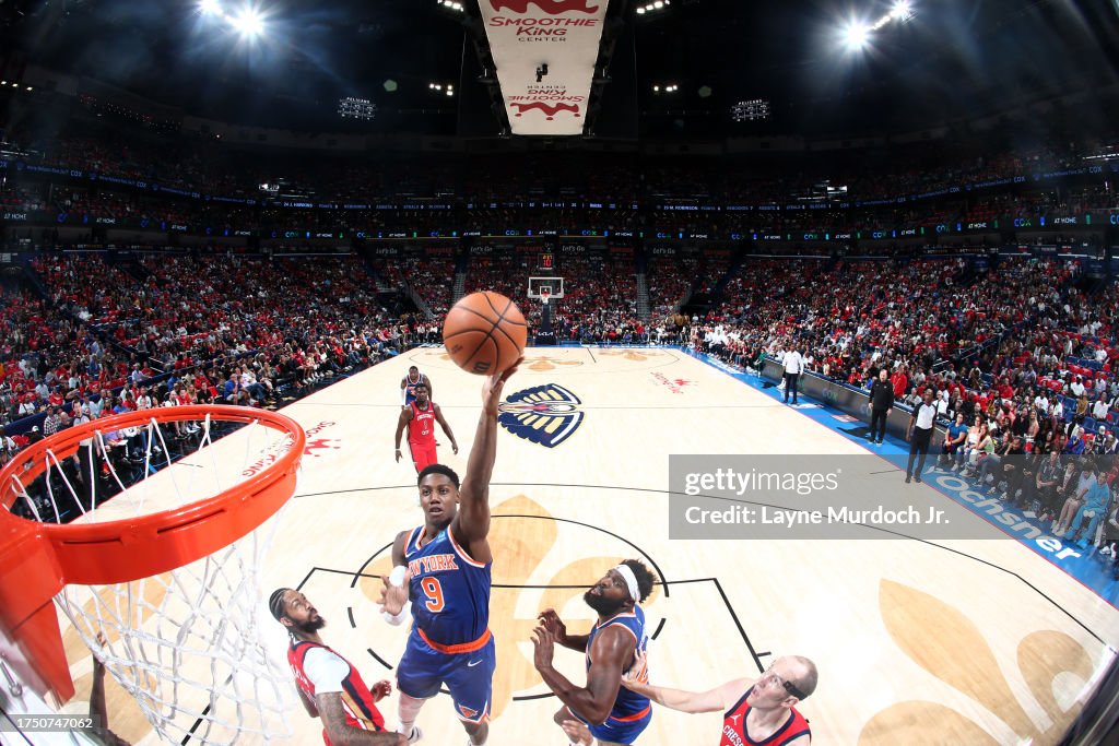 RJ Barrett #9 of the New York Knicks shoots the ball during the game against the New Orleans Pelicans on October 28, 2023 at the Smoothie King Center in New Orleans, Louisiana. Copyright 2023 NBAE (Photo by Layne Murdoch Jr./NBAE via Getty Images)