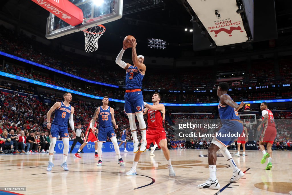 Josh Hart #3 of the New York Knicks grabs a rebound during the game against the New Orleans Pelicans on October 28, 2023 at the Smoothie King Center in New Orleans, Louisiana. Copyright 2023 NBAE (Photo by Layne Murdoch Jr./NBAE via Getty Images)