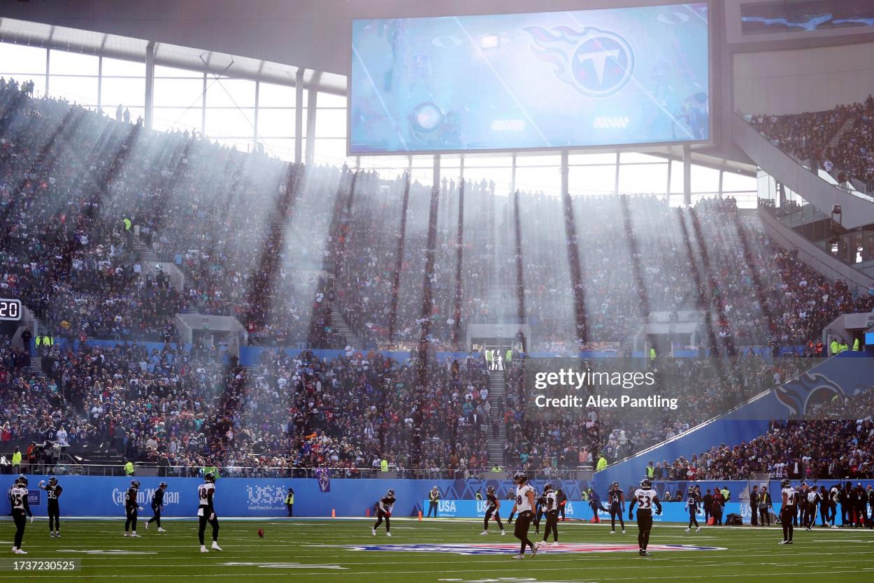 General view inside the stadium in the second quarter during the 2023 NFL London Games match between Baltimore Ravens and Tennessee Titans at Tottenham Hotspur Stadium on October 15, 2023 in London, England. (Photo by Alex Pantling/Getty Images)