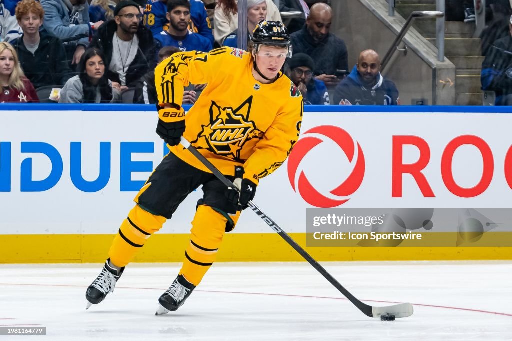 Minnesota Wild Left Wing Kirill Kaprizov (97) skates with the puck during the 2024 NHL All-Star game at Scotiabank Arena on February 03, 2024 in Toronto, Ontario, Canada. (Photo by Julian Avram/Icon Sportswire via Getty Images)