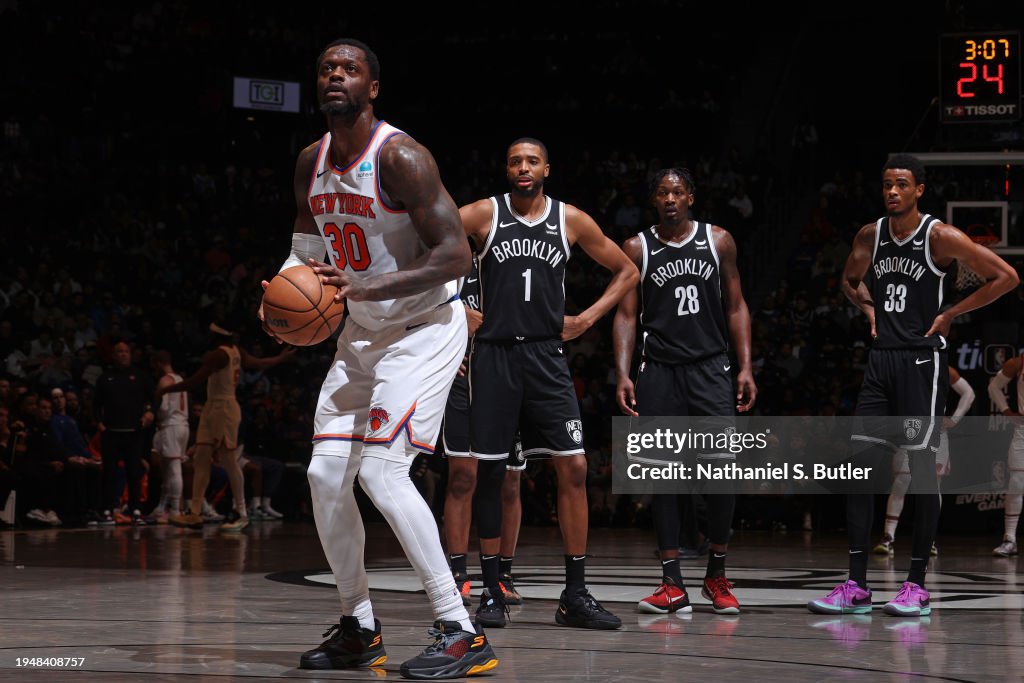Julius Randle #30 of the New York Knicks shoots a free throw during the game against the Brooklyn Nets on January 23, 2024 at Barclays Center in Brooklyn, New York. NOTE TO USER: User expressly acknowledges and agrees that, by downloading and or using this Photograph, user is consenting to the terms and conditions of the Getty Images License Agreement. Mandatory Copyright Notice: Copyright 2024 NBAE (Photo by Nathaniel S. Butler/NBAE via Getty Images)