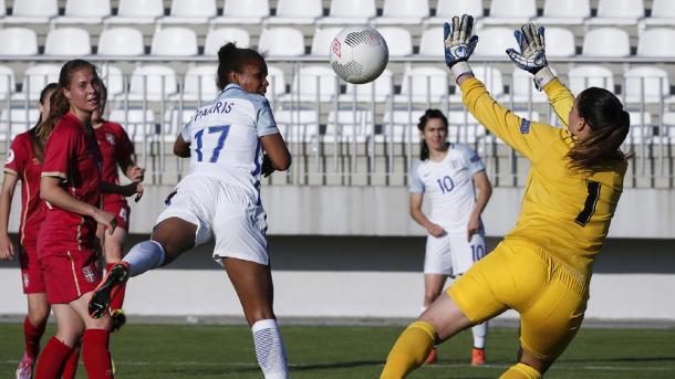 Nikita Parris nods in as she bags her first England goals. (Photo: FA)