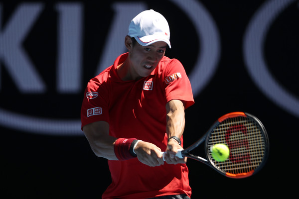 Nishikori competing on Day 1 of the Australian Open (Photo by Mark Kolbe / Getty Images)