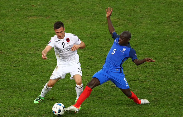 Kante (far right) stretching to make an interception against Albania in their group stage fixture. | Image: Getty