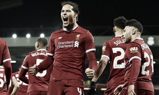 Virgil van Dijk tras anotar su primer gol con el Liverpool | Fuente: Liverpool