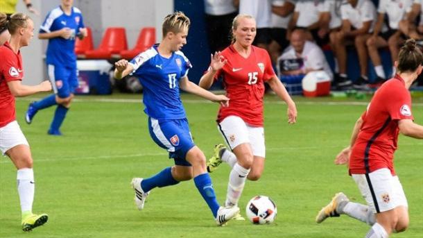 Norway v Slovakia before the rain became too heavy, leading to the game being abandoned. Photo: Sportsfile