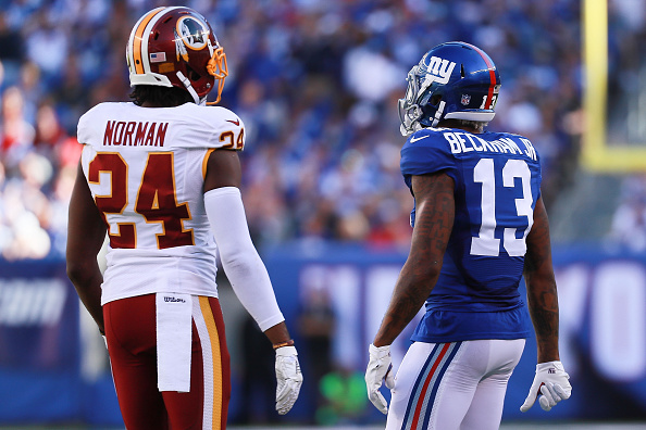 EAST RUTHERFORD, NJ - SEPTEMBER 25:  Odell Beckham #13 of the New York Giants and Josh Norman #24 of the Washington Redskins in action during the second half at MetLife Stadium on September 25, 2016 in East Rutherford, New Jersey.  (Photo by Michael Reaves/Getty Images)