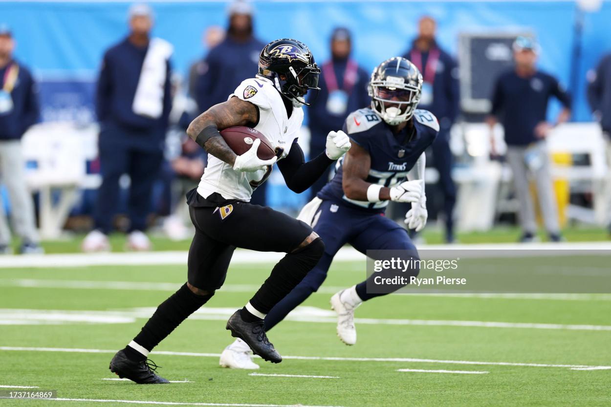 Odell Beckham Jr. #3 of the Baltimore Ravens runs with the ball in the first quarter during the 2023 NFL London Games match between Baltimore Ravens and Tennessee Titans at Tottenham Hotspur Stadium on October 15, 2023 in London, England. (Photo by Ryan Pierse/Getty Images)