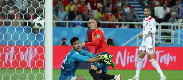 Iago Aspas marcando el gol de la victoria frente a Marruecos. / Fuente: FIFA.