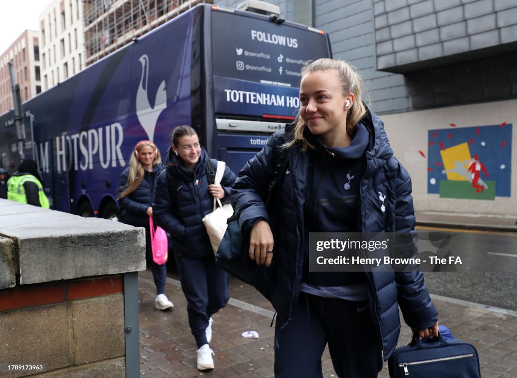 Olga Ahtinen arriving at the stadium before the Women's Super League match between Tottenham and Liverpool. (Photo by Henry Browne - The FA/The FA via Getty Images)