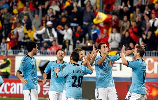 Celebración de un gol en La Rosaleda frente a Venezuela / Foto: Málaga CF